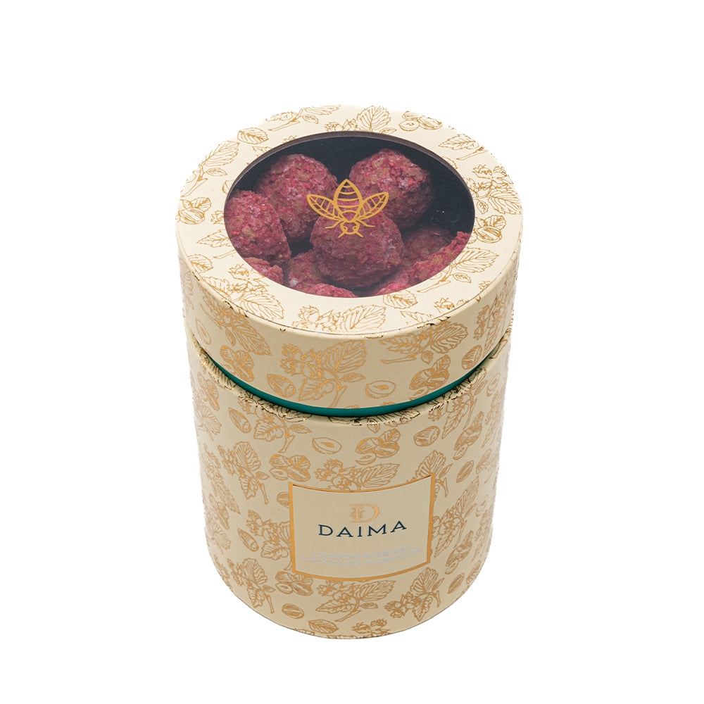 Pre Packed Dragee Cylinder Box Hazelnut Feuilletine Raspberry 250gm - Image 2