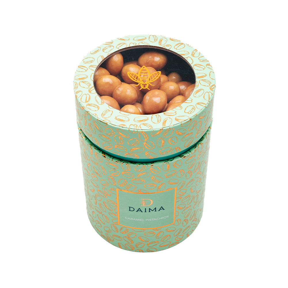 Pre Packed Dragee Cylinder Box Pistachio Caramel 270gm - Image 3
