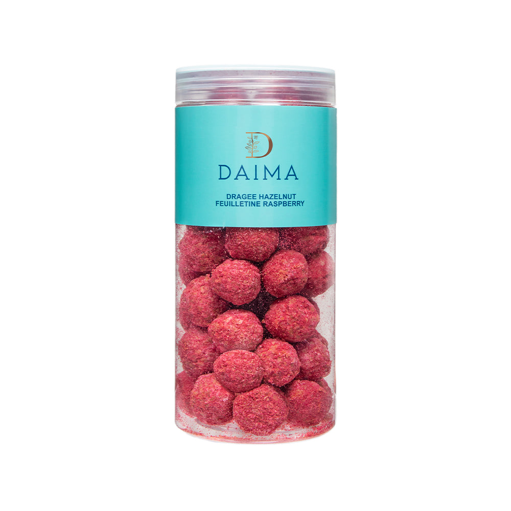 Pre packed dragee hazelnut feuilletine raspberry 300gm